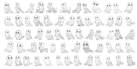 Obraz premium Bird coloring book page elements, black and white doodle set