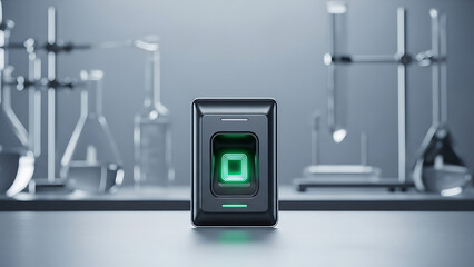 High-tech glowing green digital core device in a modern science laboratory, future technology concept.