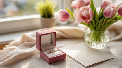 Engagement ring in open velvet box on table with pink tulips and greeting card in soft daylight. Concept of proposal, love commitment and romantic life milestone
