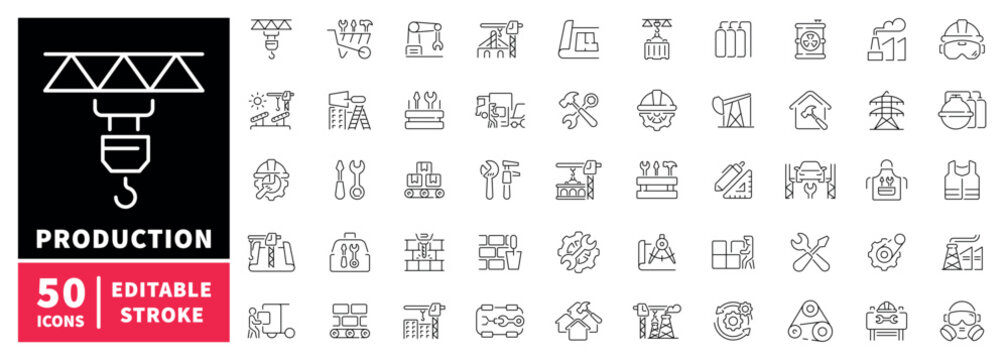 Construction and production icons set. editable line icons, tools and industry symbols