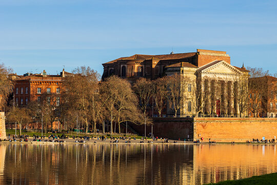 Notre-Dame de la Daurade Basilica and Daurade Port along the Garonne River in winter seen from Les Abattoirs Museum in Toulouse