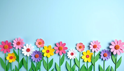 Row of colorful paper cutout tulips and daisies with green stems on light blue background