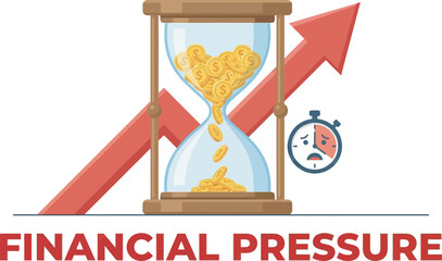 Fototapeta premium Illustration of financial pressure with an hourglass showing money flowing, a rising arrow, and a worried clock face, symbolizing time and monetary stress.