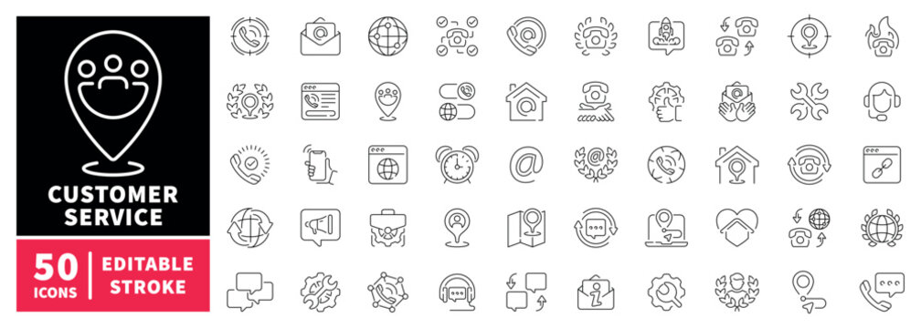 Customer service icons set. editable line icons, linear, support and communication tools