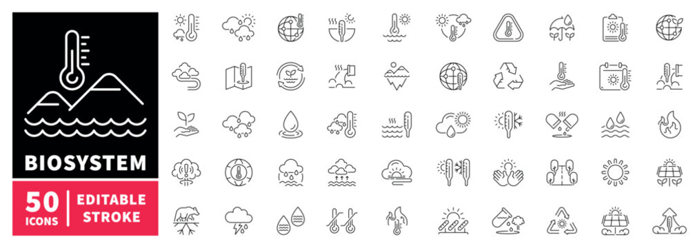 Biosystem icons set. line, editable line icons for environment and climate concepts