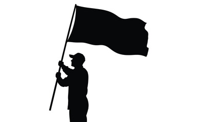 Silhouette of a determined person holding a large blank black flag against a white background