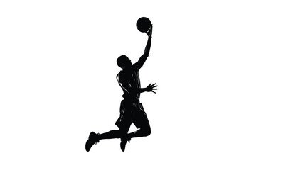 Silhouette of a determined basketball player soaring through the air attempting a powerful layup shot