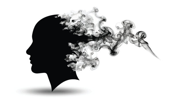 Black silhouette profile dissolving into smoke symbolizing fading memory or mental dissipation concepts