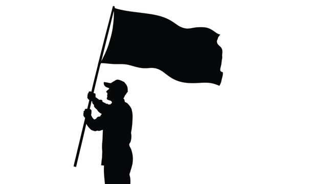 Silhouette of a determined person holding a large blank black flag against a white background