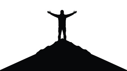 Silhouette of triumphant climber celebrating reaching the summit after a long challenging mountain ascent