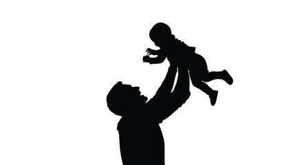 Silhouette of a joyful father lifting his happy baby high into the bright white air