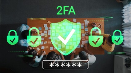 Group of People Engaging in a Discussion About Two-Factor Authentication and Cybersecurity Strategies in a Modern Office Space Gluon.