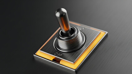 Sleek metallic toggle switch in the 'OFF' state, illuminated by a vibrant orange glow, representing power and decision-making.