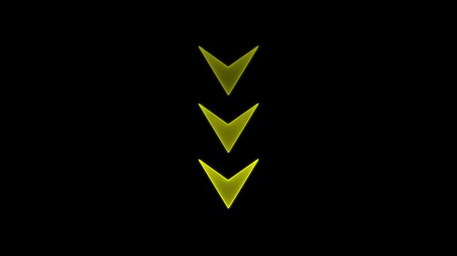 Three Yellow Arrows Pointing Downward with Reflection arrows icon neon line video animation. 