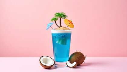 Tropical blue cocktail with coconut slices yellow umbrella palm leaf on pink background