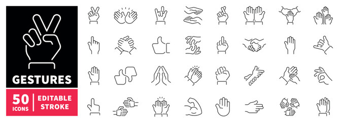 Gestures icons set. editable line icons, outline, hand signals and communication © Jocelyn_Flores