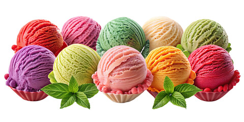 Assorted colorful ice cream scoops with mint leaves on white background isolated on a transparent background