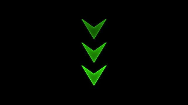 Three Green Arrows Pointing Downward with Reflection arrows icon neon line video animation. 