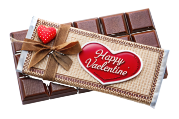 Chocolate bar with Happy Valentine's Day message on heart shaped tag and red heart on brown ribbon isolated on a transparent background
