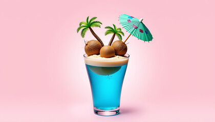 Tropical blue cocktail with coconut slices yellow umbrella palm leaf on pink background