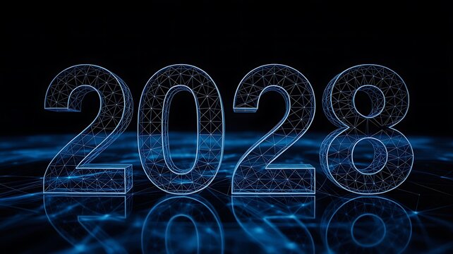 Glowing blue 2028 digital text with futuristic geometric