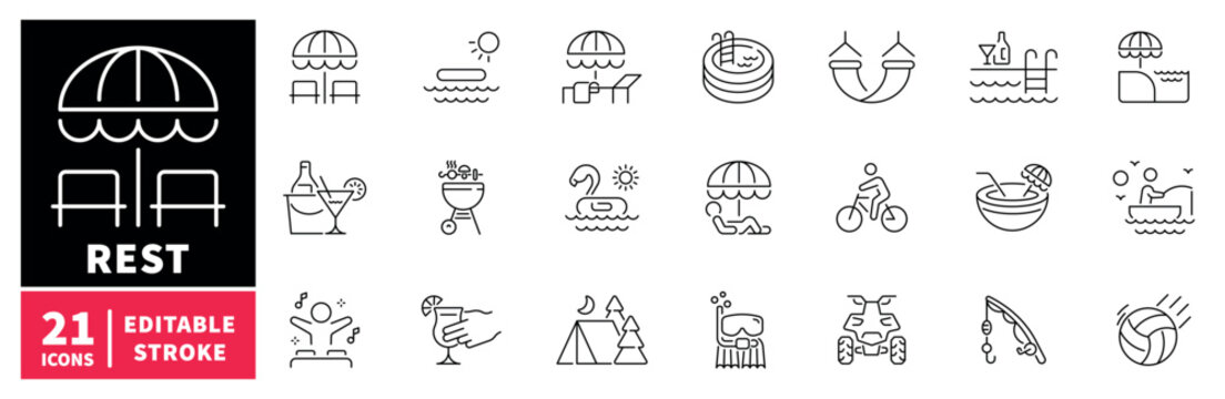 Rest and relaxation icons set. editable line icons, outline, leisure, vacation symbols