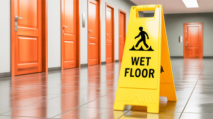 Yellow Wet Floor Caution Sign in Hallway with Orange Doors and Reflective Floor safety warning