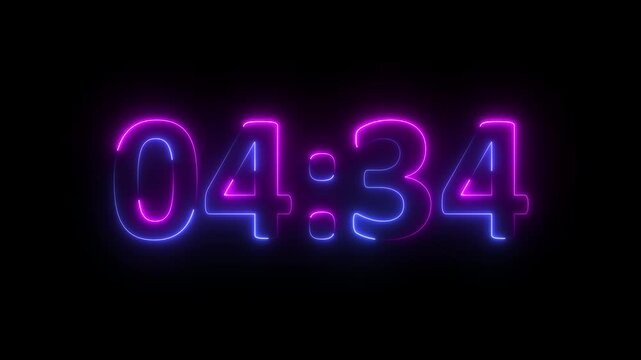 Animation of glowing neon 5 minute countdown timer .5 minute stopwatch , analog neon clock icon animation. Motion graphics of neon countdown concept.