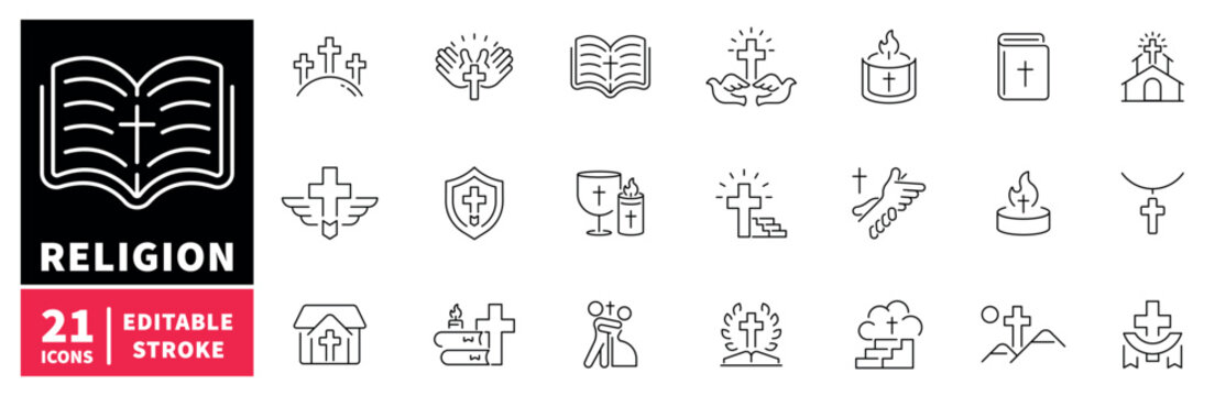 Religion icons set. editable line icons, outline, spiritual, faith symbols