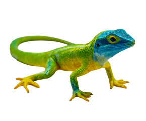 Fototapeta premium Vibrant green and blue lizard with yellow legs and a long curved tail stands alertly, showcasing its colorful scaly skin and detailed texture in a full-body view