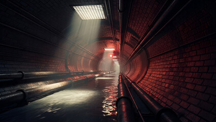 Claustrophobic, high-contrast sewer tunnel with murky water, rusted pipes, and red emergency light. Ideal for dystopian film backgrounds, urban exploration game assets, industrial album covers,