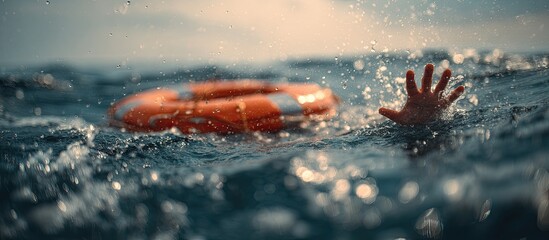 Fototapeta premium A hand reaches out of turbulent water towards a rescue ring