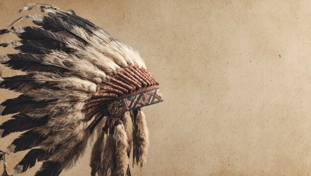 Detailed Native American headdress with feathers, cultural artifact, studio shot