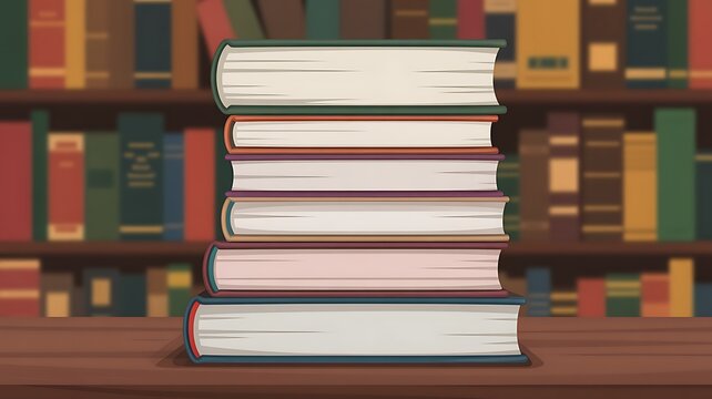 Stack of books with colorful spines on a wooden table reading study education desig