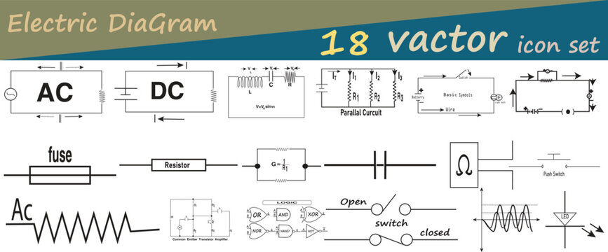 Electrical component symbols vector pack shows resistor, capacitor, transistor, diode, batterie, switch for circuit diagram designs, engineering visuals, electronics education, technical illustration