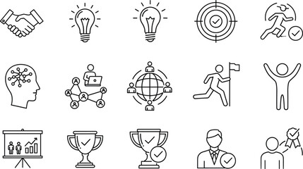 Fototapeta premium Business Success Line Icon Set Featuring Partnership Handshake Career Growth Trophy Award Leadership Coaching Strategic Planning Team Achievement Professional Innovation Progress
