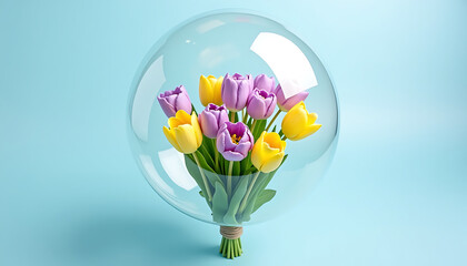 Bouquet of colorful tulips and daisies inside transparent glass balloon on blue background
