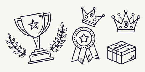 Fototapeta premium Collection of hand-drawn achievement and reward icons trophy, crowns, medal, and gift box