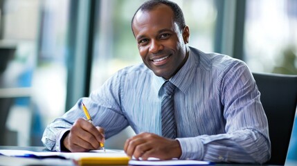 A business consultant making notes during a client meeting in an office