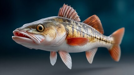 Obraz premium A fish with a mouth open and a red tail. The fish is swimming in the water. The fish is brown and orange