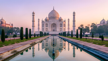 Obraz premium Majestic Taj Mahal at dawn, reflected in still pool, glows with soft pink light. Perfect for travel, wedding, anniversary, romance themes, cultural heritage, luxury branding, or historical content.