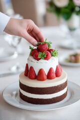 an elegant three tiered wedding cake with layers in cream and chocolate, topped with strawberries.