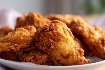 closeup of fried chicken pieces, the golden brown texture and delicious aroma. the background is blurred to emphasize these delightful wings.