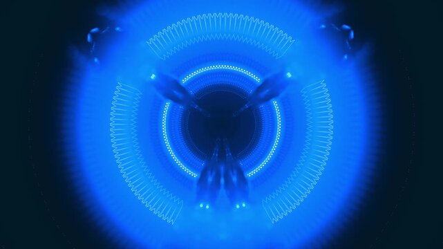 glowing round geometry structures, digital technology innovation: futuristic forms, data visualization, network, 3D space, engineering, research, modern infrastructure, background, blue, circle
