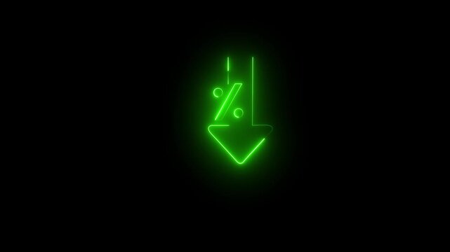 Green Neon Downward Arrow With Percentage Symbol background 4k animation video. 