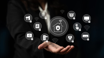 A confident professional showcases smart home technology with various connected devices, emphasizing security features and innovative lifestyle enhancements for modern households. Gantry