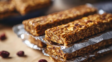Stack of healthy granola bars with oats and dried fruit on foil wrappers