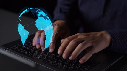 Global network connection visualization showing data exchange, digital link, worldwide communication. Global data flow and digital network infrastructure connecting regions around the world. Thunk