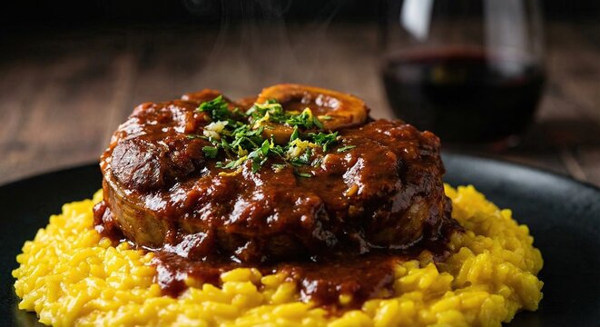 Gourmet Ossobuco alla Milanese braised veal shank on saffron risotto with gremolata and red wine