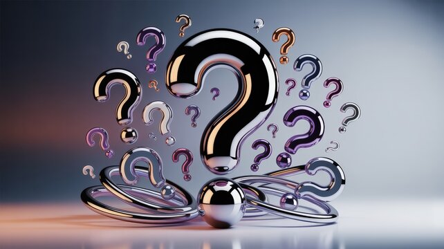 Mysterious metallic question marks floating in a surreal, reflective environment.